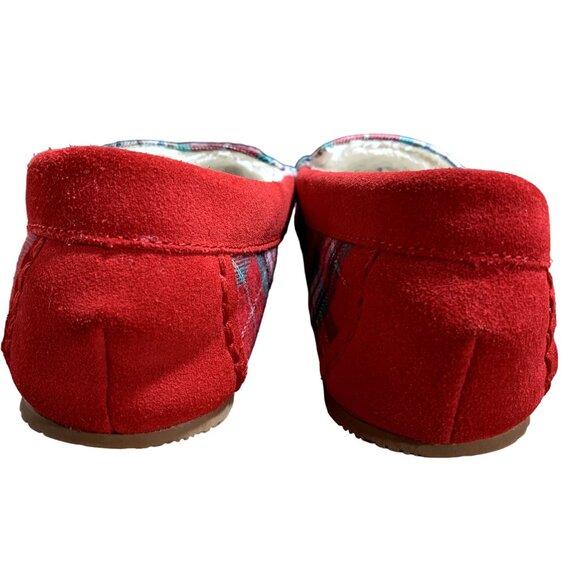Lands End Moccasin Slippers Womens 10 B Red Plaid Faux Fur Lined Flannel Shoes - Picture 4 of 12
